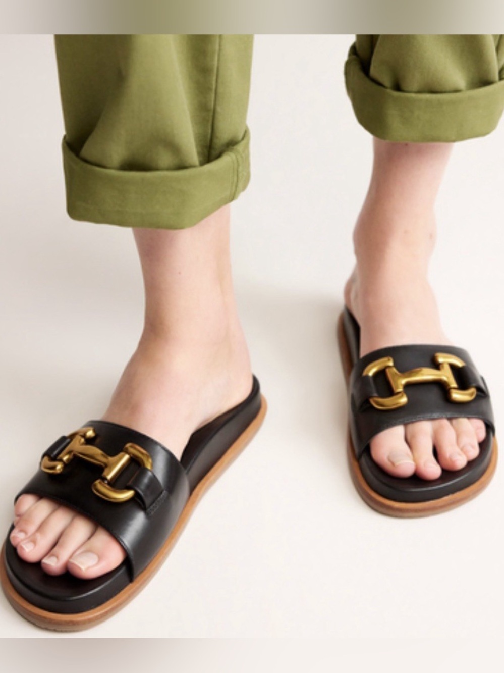 Boden Black Leather Slides with Gold Buckle Detail